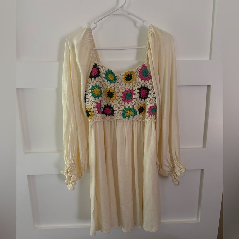 POL Cream Dress with Colorful Crochet Detail